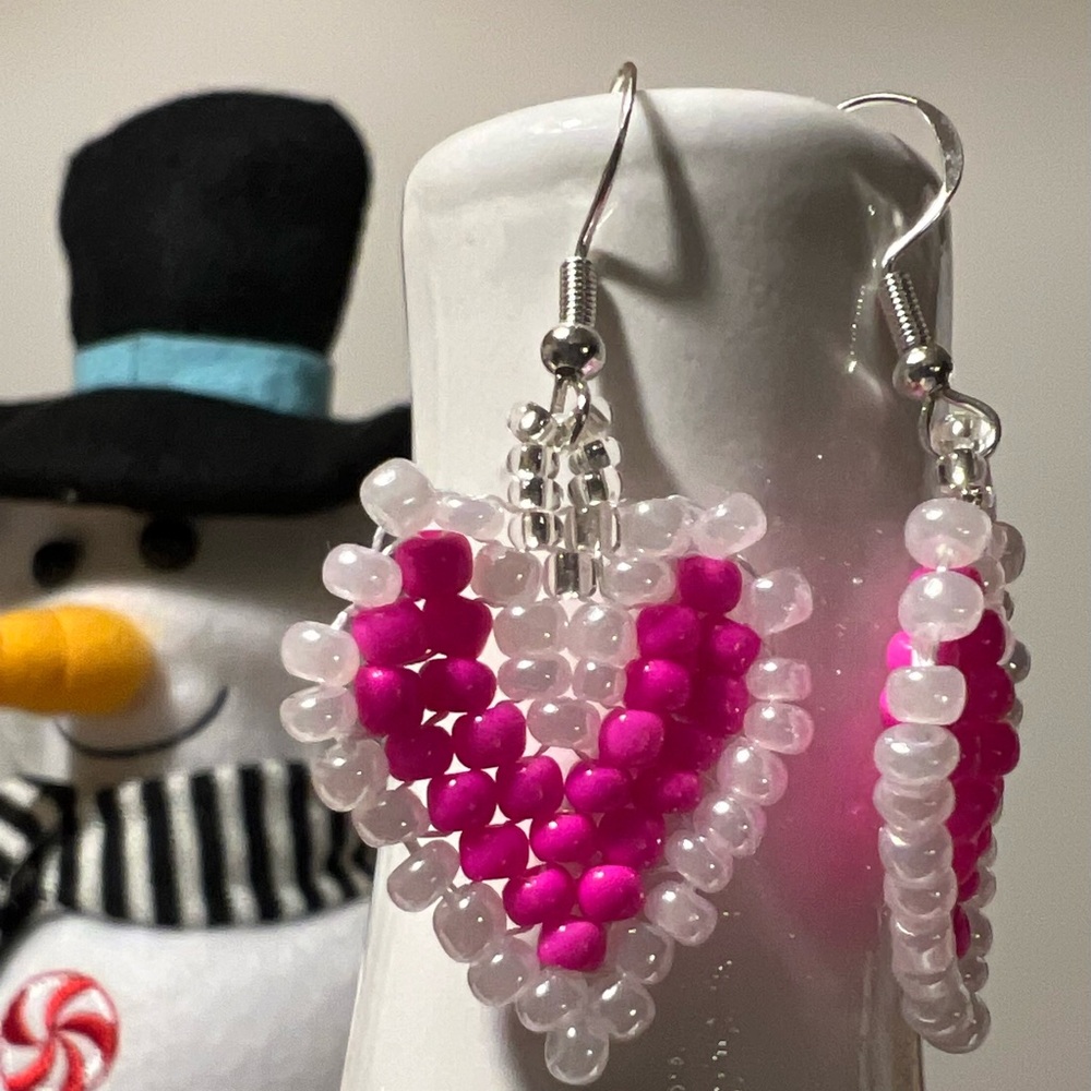 Vibrant Pink and White Beaded Heart Earrings